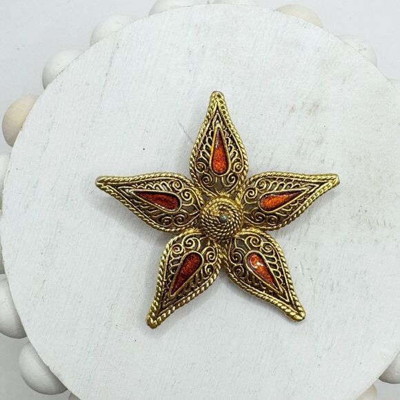 Vintage Filigree Etruscan Style Star Flower Brooch Orange Enamel Fall Autumn - Picture 6 of 7